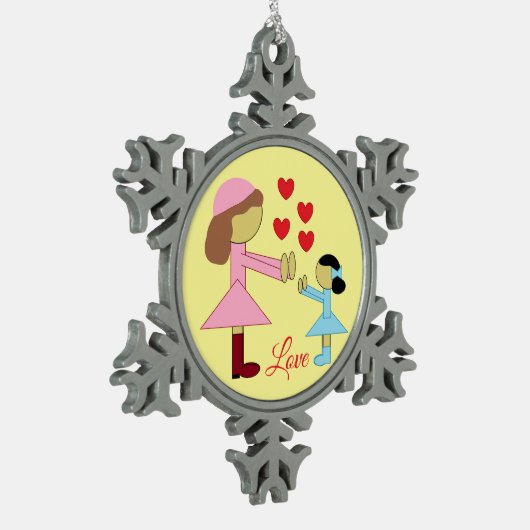 Alle Kinder brauchen Liebe: hellgelb Schneeflocken Zinn-Ornament (Links)