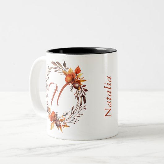 Alle Letter Girly Stylish Boho Foliage Monogram Zweifarbige Tasse (Vorderseite Links)