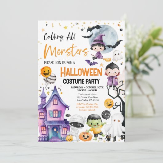 Alle Monster Kostüm Party Kinder rufen Einladung (Stehend Vorderseite)