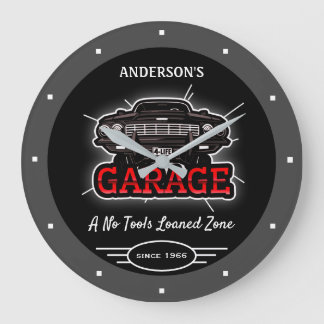 Alle Namen Garage Retro Auto seit Datum Grau Schwa Große Wanduhr