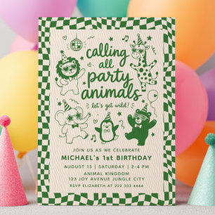 Alle Party-Tiere grün RETRO 1. Geburtstag Einladung