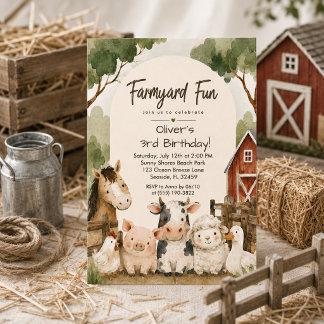 Alle Party-Tiere rufen an Wasserfarbe Farm Geburts Einladung