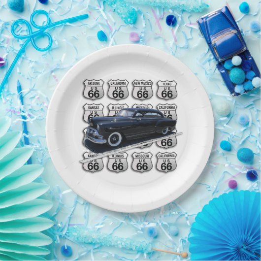 Alle Route 66 Zeichen mit einem schwarzen Auto Pappteller (Party)