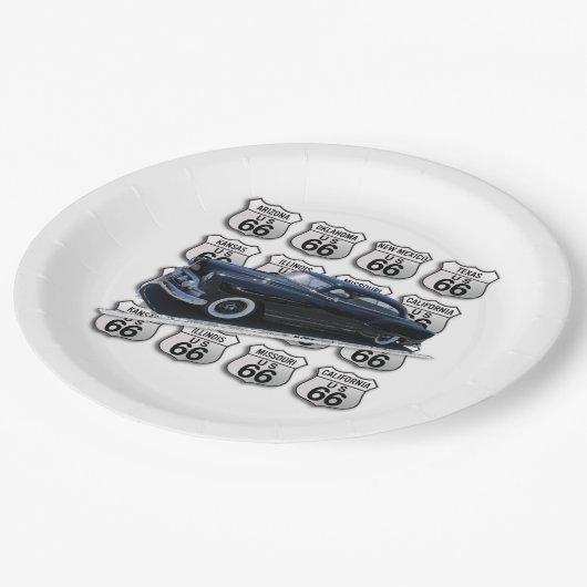 Alle Route 66 Zeichen mit einem schwarzen Auto Pappteller (Schrägansicht)