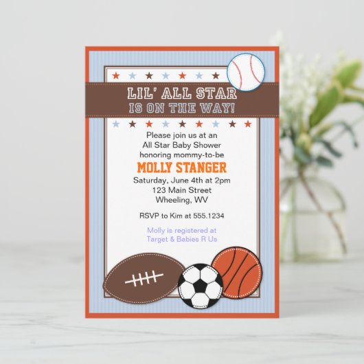 Alle Star Sport Baby Dusche Einladung (Stehend Vorderseite)