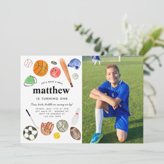 Alle Star Sports Balls Team Kinder Junge Foto Gebu Einladung (Stehend Vorderseite)
