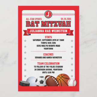 Alle Star Sports Red Trading Card Bat Mitzvah Einladung