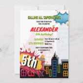 Alle Superhelden City Gebäude zum Geburtstag rufen Einladung (Vorderseite)