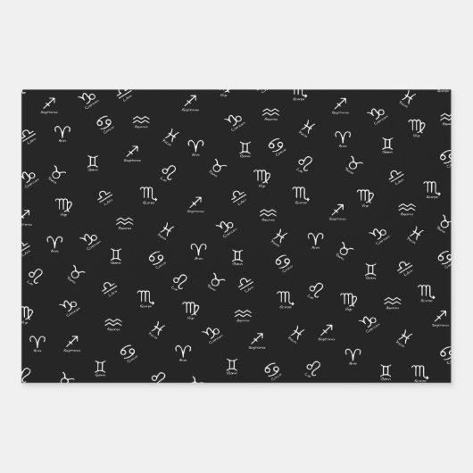 Alle weißen Zodiac-Zeichen auf schwarzem Hintergru Geschenkpapier Set (Vorderseite)