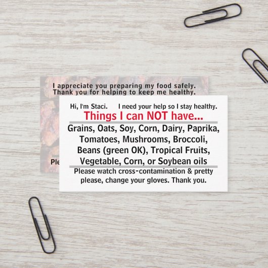 Allergenkarte 1 visitenkarte (Vorderseite/Rückseite Beispiel)