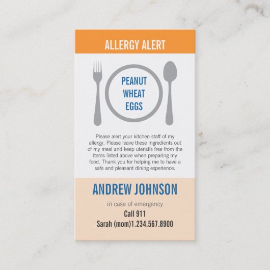 Allergie wachsames orange Duotones Telefonnummerkarte (Vorderseite)