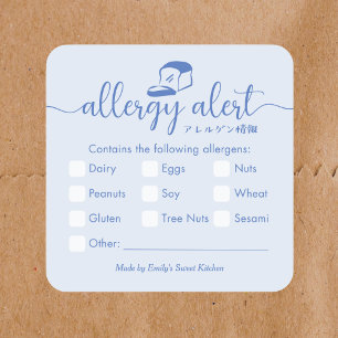 Allergie-Warnung Minimalist Blau Bäckerei Brot Quadratischer Aufkleber