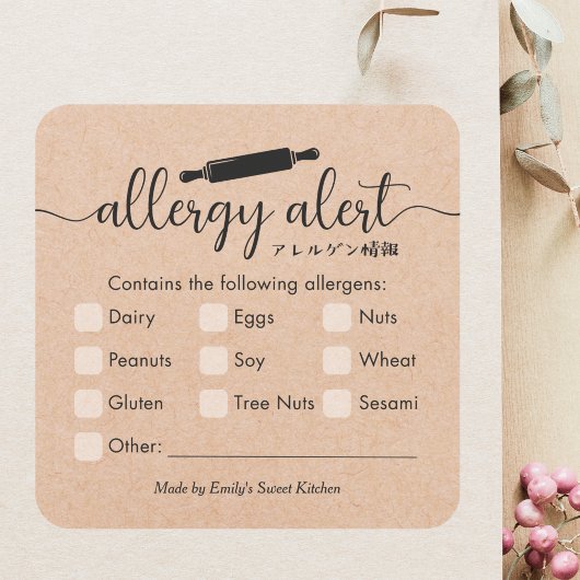Allergy Alert Allergens Warning Kraft Rolling Pin Quadratischer Aufkleber