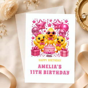 Alles Gute zum 11. Geburtstag Süße Entenküken Rosa Karte