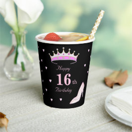 Alles Gute zum 16. Geburtstag in Schwarz & Pink Pappbecher