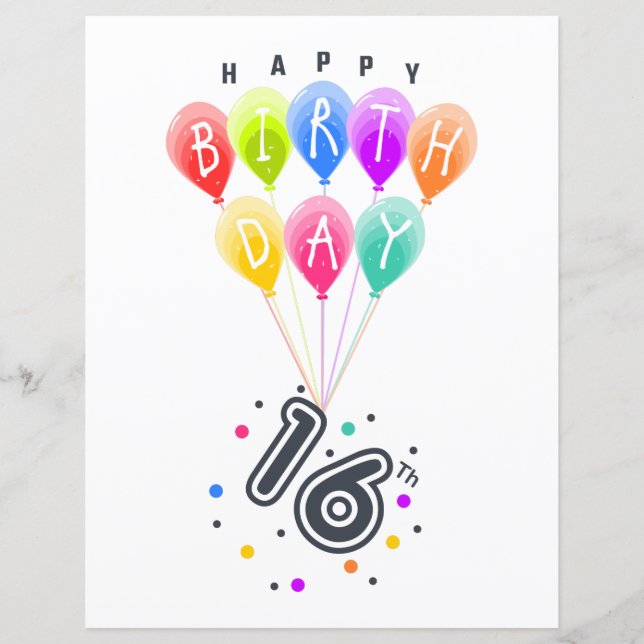 Alles Gute zum 16. Geburtstag mit bunten Balloons (Vorderseite)