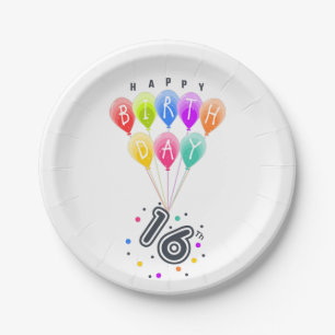 Alles Gute zum 16. Geburtstag mit farbenfrohen Bal Pappteller