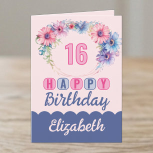 Alles Gute zum 16. Geburtstag Name floral rosa Karte
