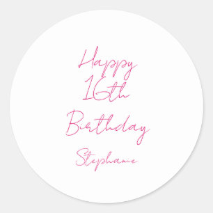 Alles Gute zum 16. Geburtstag Pink White Sechzehnt Runder Aufkleber
