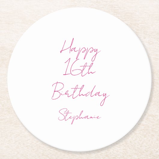Alles Gute zum 16. Geburtstag Pink White Sechzehnt Runder Pappuntersetzer (Vorderseite)