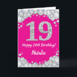 Alles Gute zum 19. Geburtstag Hot Pink und Silver  Karte<br><div class="desc">Glückliche 19. Geburtstag Hot Pink und Silver Glitzer Card mit personalisiertem Namen. Für weitere Anpassungen klicken Sie bitte auf die Schaltfläche "Anpassen" und verwenden Sie unser Designwerkzeug,  um diese Vorlage zu ändern.</div>