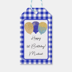 Alles Gute zum 1. Geburtstag & Blau Gingham & Ball Geschenkanhänger
