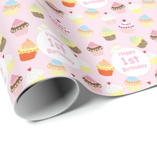 Alles Gute zum 1. Geburtstag Cupcake Pink  Geschenkpapier