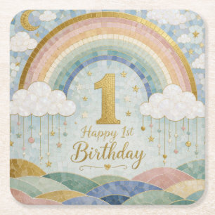 Alles Gute zum 1. Geburtstag Mosaik-Regenbogen-Wol Rechteckiger Pappuntersetzer