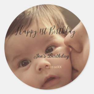 Alles Gute zum 1. Geburtstag Name Foto Datum stilv Runder Aufkleber