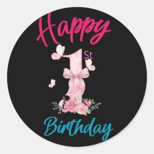 Alles Gute zum 1. Geburtstag Süßer Rosa Schmetterl Runder Aufkleber