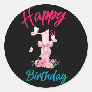 Alles Gute zum 1. Geburtstag Süßer Rosa Schmetterl Runder Aufkleber