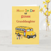 Alles Gute zum 1. Schultag, Enkelin, Schulbus Karte (Gelbe Blume)