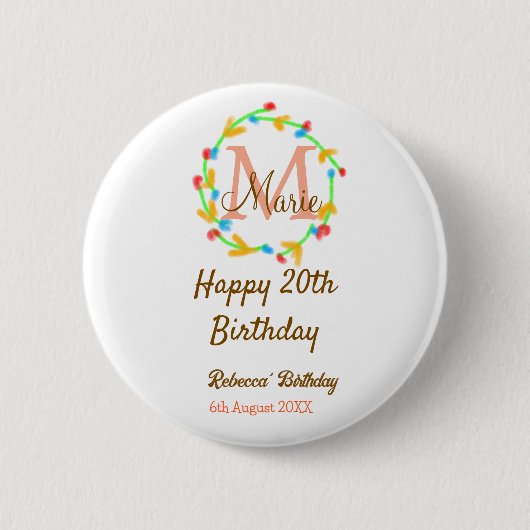 Alles Gute zum 20. Geburtstag roter Namensmonogram Button (Vorderseite)