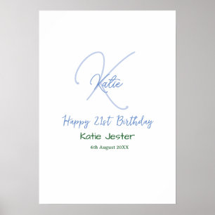 Alles Gute zum 21. Geburtstag blau Name Monogramm Poster