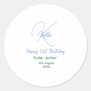 Alles Gute zum 21. Geburtstag blau Name Monogramm Runder Aufkleber