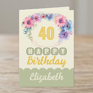 Alles Gute zum 40. Geburtstag name floral gelb Karte