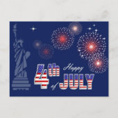 Alles Gute zum 4. Juli. Freiheitsstatue und Feuerw Postkarte (Vorderseite)