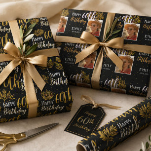 Alles Gute zum 60. Geburtstag Schwarz Gold Laub Fo Geschenkpapier Set
