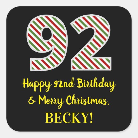 Alles Gute zum 92. Geburtstag & Frohe Weihnachten, Quadratischer Aufkleber (Vorderseite)
