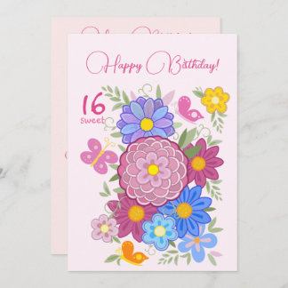 Alles Gute zum Geburtstag! 16 Süße Blume und Vögel Einladung