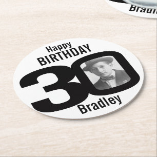 Alles Gute zum Geburtstag 30 Name und Foto-Papierg Runder Pappuntersetzer