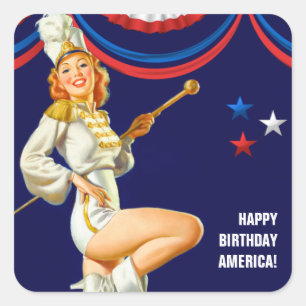 Alles Gute zum Geburtstag, Amerika. Retro Pin-up Quadratischer Aufkleber