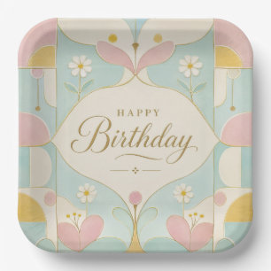 Alles Gute zum Geburtstag Art Deco Pastell Blumen  Pappteller