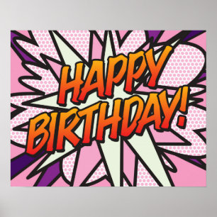 ALLES GUTE ZUM GEBURTSTAG Comic Book Pop Art rosa Poster