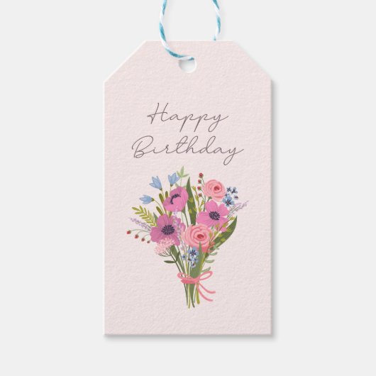 Alles Gute zum Geburtstag, einfach, rosa, blumenre Geschenkanhänger (Vorderseite)