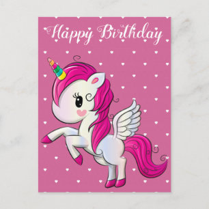 Alles Gute zum Geburtstag, Einhorn und Herzen, ind Postkarte