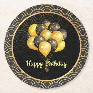 Alles Gute zum Geburtstag, elegante schwarze und g Runder Pappuntersetzer