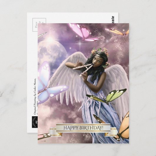 Alles Gute zum Geburtstag. Engel mit Schmetterling Postkarte (Vorne/Hinten)