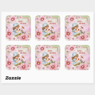 Alles Gute zum Geburtstag Floral Vintage Mädchen Q Quadratischer Aufkleber