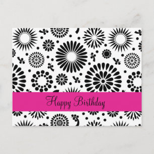 Alles Gute zum Geburtstag Folk Floral Schwarz Weiß Postkarte